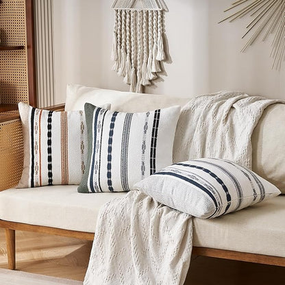 Boho Throw Pillow Covers 18 x 18 Chenille Pillow Covers Striped Square Elegant Neutral Striped Pillowcase Double Sided Pattern Soft Plush Farmhouse Home Decor for Living Room Couch Pack of 2