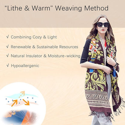DANA XU 100% Merino Wool Pashmina Shawl for Women 96"x43", Oversized Cashmere Wrap with Tassels, Floral Travel Blanket Cape