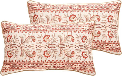 ISAENNE Design Euro Linen Rectangle Throw Pillow Covers 12"x20" Pack of 2, French Country Cushion Covers with Orange Morris Floral Pattern Decoration Pillowcases for Bed, Living Room, Outdoor, Car