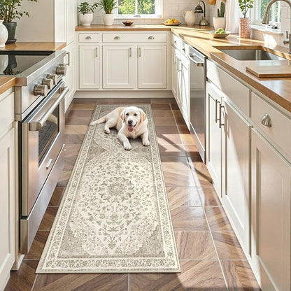 Moynesa 2x6 Beige Washable Runner Rug for Hallway, Boho Vintage Distressed Runner for Entryway Kitchen Bathroom Bedroom, Low Pile Soft Non-Slip Floor Mat for Laundry Nursery