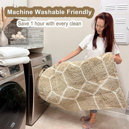 ONASAR Large Area Rugs for Living Room, Fluffy 7x10 Beige and White Thick Floor Rug for Bedroom Home Decor Aesthetic, Soft Fuzzy Shaggy Plush Geometric Carpet for Kids Teen Dorm Classroom Office