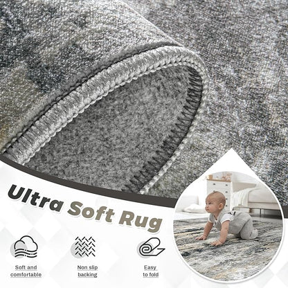 Area Rugs 8x10 for Living Room: Washable Rug Modern Abstract Neutral Soft Non-Slip Low-Pile Indoor Large Carpet for Bedroom Dining Room Playroom Home Office (Black Grey Brown, 8'x10')