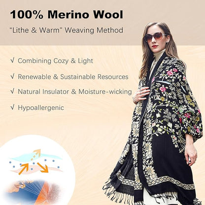 DANA XU 100% Merino Wool Extra Large Pashmina Blanket Travel Scarf Cashmere Wrap for Women Fall Winter Oversize Shawl Floral