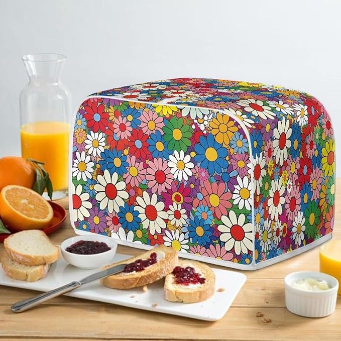 Daisy Flowers Printed Toaster Cover 2 Slice Wide Slot, Washable Kitchen Appliance Small Oven Bakeware Protector, Bread Maker Cover Dust and Fingerprint Protection