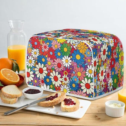 Daisy Flowers Printed Toaster Cover 2 Slice Wide Slot, Washable Kitchen Appliance Small Oven Bakeware Protector, Bread Maker Cover Dust and Fingerprint Protection