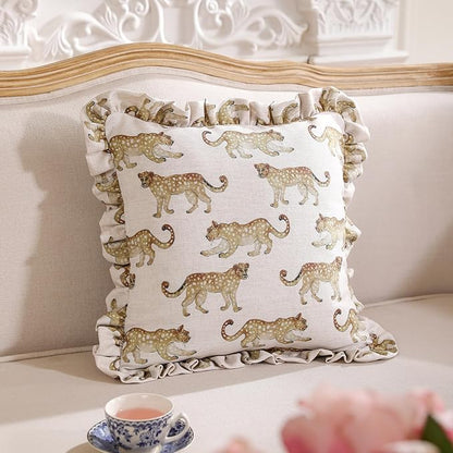 patdrea Designer Throw Pillow Covers for Couch 18"x18",Vintage Linen Pillows Cover with Cheetah Pattern and Luxury Ruffle,Farmhouse Decorative Pillowcases for Bed Living Room Outdoor Set of 1