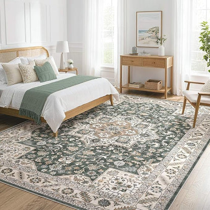 Vintage Living Room Area Rug 10x14 - Large Soft Washable Oriental Traditional Distressed Farmhouse Rugs for Bedroom - Indoor Floor Accent Carpet for Home Office House Decor - Vintage Green