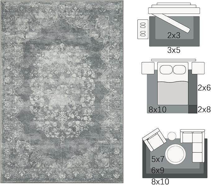 jinchan Washable Area Rug 6x9 for Living Room - Soft Faux Wool Ultra-Thin Stain Resistant Non-Slip Distressed Vintage Floral Rug Large Carpet for Bedroom Dining Room Home Office Nursery(Grey, 6'x9')