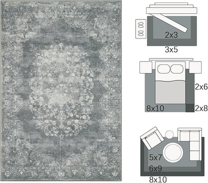 jinchan Washable Area Rug 6x9 for Living Room - Soft Faux Wool Ultra-Thin Stain Resistant Non-Slip Distressed Vintage Floral Rug Large Carpet for Bedroom Dining Room Home Office Nursery(Grey, 6'x9')