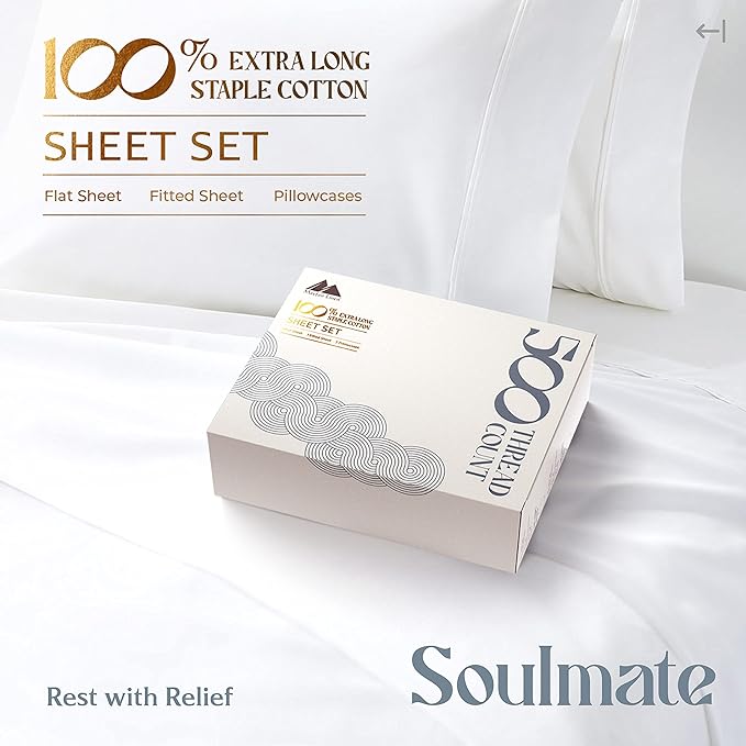 Mayfair Linen 100% Cotton Sheets King Size Bed Set - 500 Thread Count Sheets King Size 4 PC Set (White), Soft, Cooling, Hotel-Quality 16" Deep Pocket Cotton Bedsheet for Hot Sleepers