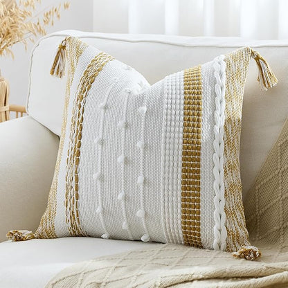 Boho Pillow Cover 18x18 Mustard Yellow - Handmade Woven Textured Throw Pillow Case with Cordings & Tassels, Decorative Accent for Couch Sofa Farmhouse Living Room Home Decor