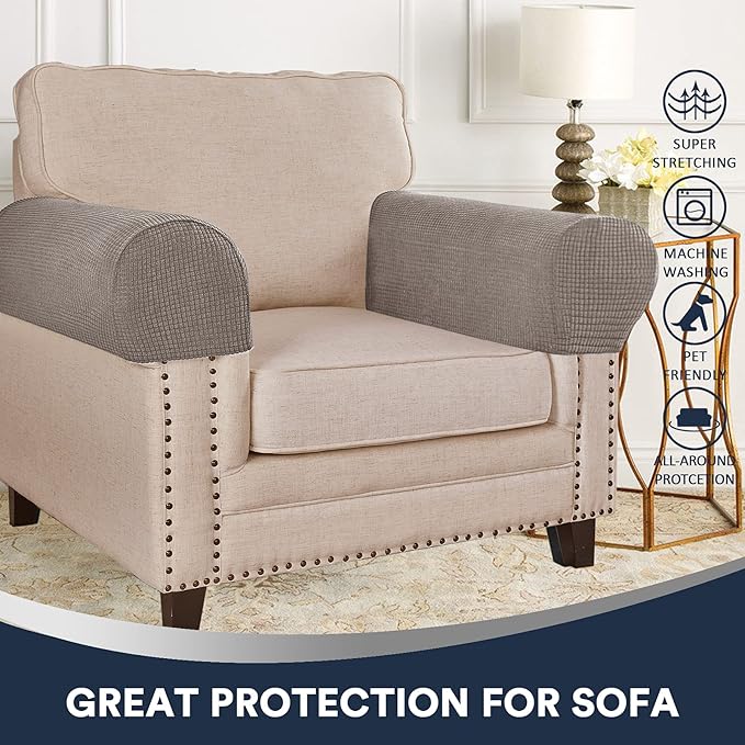 Stretch Sofa Arm Covers Spandex Jacquard Anti-Slip Couch Arm Covers with Sticker Furniture Armrest Protector for Sofa Couch Chair Recliner, Set of 2, Taupe