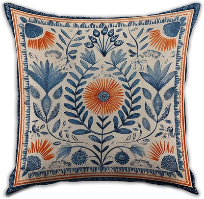 Vintage Boho Floral Print Throw Pillow Cover, Orange, Blue - Retro Rust Floral Decor Pillowcase, Indoor Outdoor Cushion Case for Sofa Couch Bed Living Room Bedroom Home (Blue&Orange, 18x18inch)