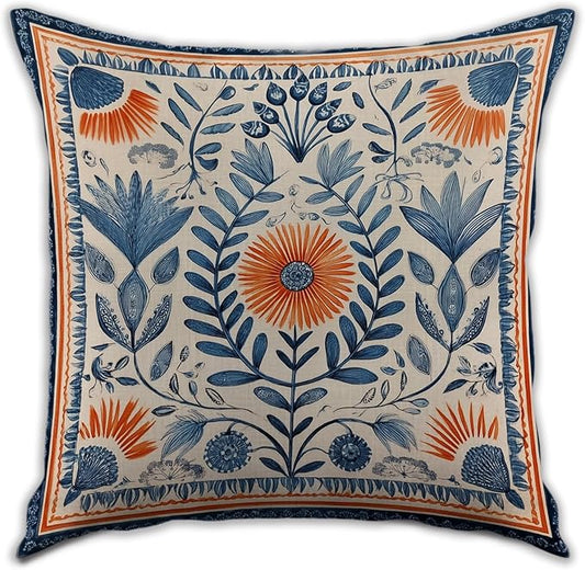 Vintage Boho Floral Print Throw Pillow Cover, Orange, Blue - Retro Rust Floral Decor Pillowcase, Indoor Outdoor Cushion Case for Sofa Couch Bed Living Room Bedroom Home (Blue&Orange, 18x18inch)