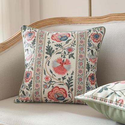 ISAENNE Design Square Retro Elegance Linen Throw Pillow Covers 18"x18" Pack of 2, Green Pink Floral Pattern Cushion Covers Decor Pillowcases for Bed,Living Room,Outdoor,Car