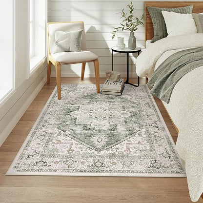 LIVEBOX Washable Area Rug 4x6 Vintage Tribal Bedroom Rugs Vintage Low-Pile Indoor Rug for Living Room, Non-Slip Retro Carpet Print Distressed Accent Carpet for Kitchen Entryway Office Camper, Sage