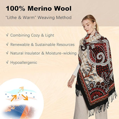 DANA XU 100% Merino Wool Pashmina Shawl for Women 96"x43", Oversized Cashmere Wrap with Tassels, Floral Travel Blanket Cape