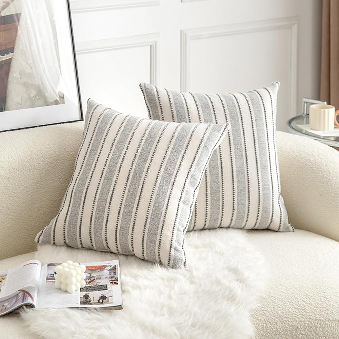 Decorative Boho Throw Pillow Covers, Farmhouse Textured Pillow Case, 18 x 18 Inch Set of 2, Chair Sofa Bedroom Living Room Home Decor Couch Cushion Case, Grey and Beige Striped