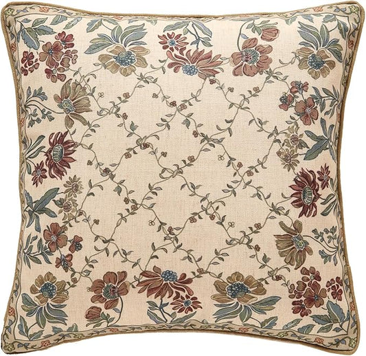 patdrea Designer Throw Pillow Covers,Square Euro Retro Style Light Brown Linen with Floral Pattern Pillow Cover,Decorative Pillowcases Cushion for Bed Living Room Outdoor Car,18"x18"