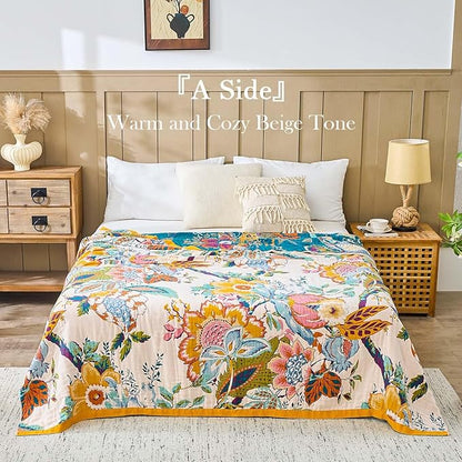 Farmhouse Throw Blanket, 80"x 98" Boho Throw Blankets for Couch Cover, 100% Cotton Bohemian Vintage Quilt for All Seasons Reversible Florals Lightweight Picnic Blankets Home Decoration