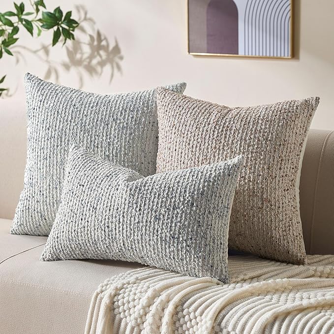 Decorative Couch Throw Pillow Covers 26x26 Blue Striped Soft Wool Pillow Covers Neutral Textured Boho Cushion Covers for Modern Farmhouse Sofa Bedroom Living Room Decor SY011-C26