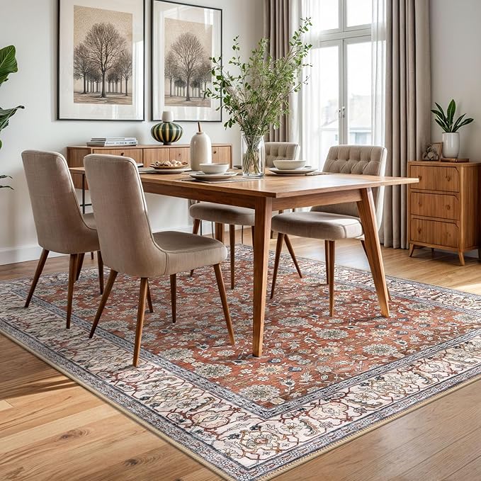 KUTA 5x7 Area Rugs, Vintage Terracotta Washable Rugs for Living Room Ultra Thin Soft Non-Slip Printed Distressed Tribal Traditional Farmhouse Carpet for Bedroom Dining Room Dorm Office Home