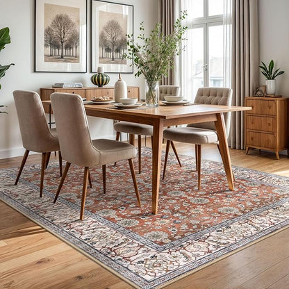 KUTA 5x7 Area Rugs, Vintage Terracotta Washable Rugs for Living Room Ultra Thin Soft Non-Slip Printed Distressed Tribal Traditional Farmhouse Carpet for Bedroom Dining Room Dorm Office Home