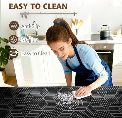 Shelf Liners for Kitchen Cabinets 12in x 20FT, Non Adhesive Cabinet Liner Strong Non-Slip Black and Silver Geometric Drawer Liner, Easy to Clean for Shelf, Cabinet with Knife and Tape Measure
