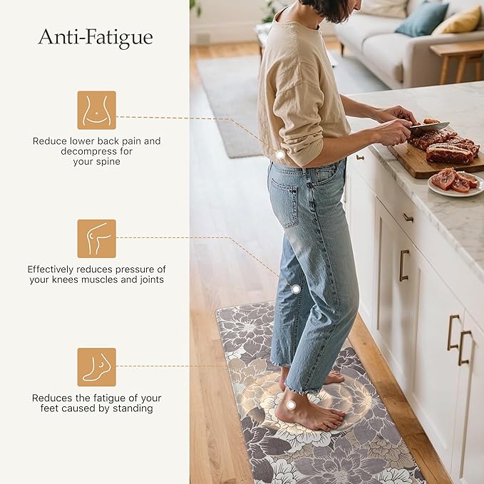 GENIMO Kitchen Mats for Floor, Kitchen Rugs Non Slip Washable Sets of 2, Waterproof Cushioned Anti Fatigue Mat, Floral Runner Rug for Laundry, Sink, Office, Home, 17.3"x59"+17.3"x30", Coffee Brown