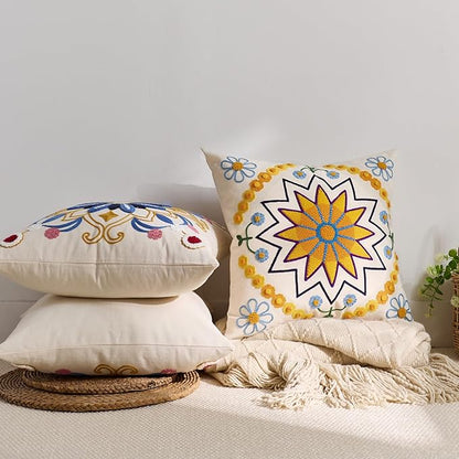 Embroidered Throw Pillow Cover 22x22 Classic Boho Floral Pattern Pillows Cover Outdoor Decorative Pillowcase,Durable Cozy Textured Cushion Case for Sofa Couch Bed Living Room,Yellow