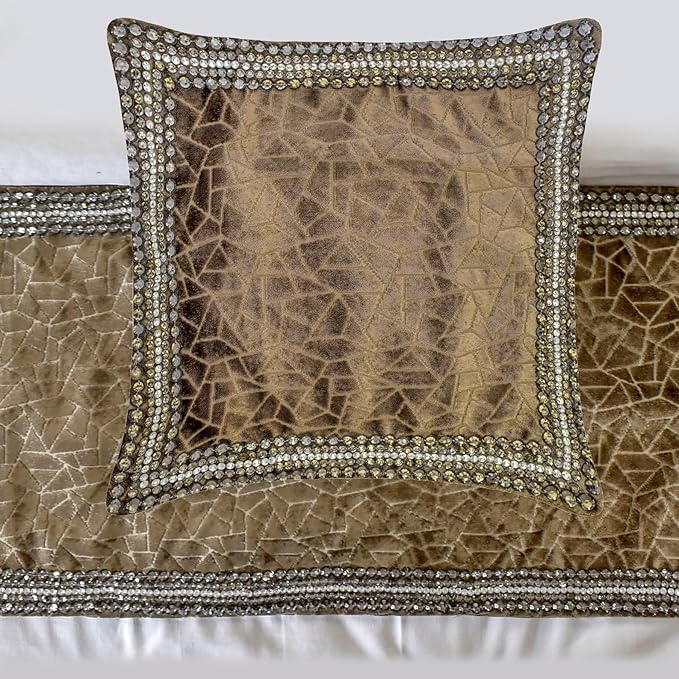 The HomeCentric King/Queen/Twin Brown Decorative Bed Runner CA King 86"x18" Bed Runner Without Pillow Cover, Border, Crystal, Cut Velvet, Mosiac Pattern Bed Scarf on Velvet Fabric - Velvet Fusion