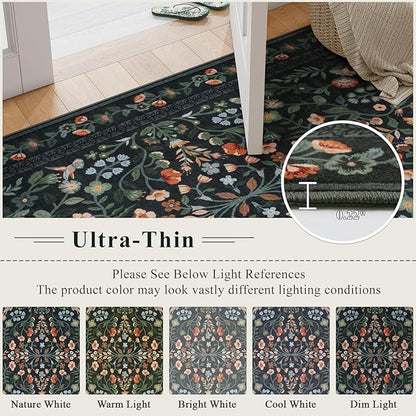 Lahome Floral Washable Area Rugs 8x10, Non-Slip Living Room Carpet Soft Tumble Washable Rugs for Bedroom Nursery, Vintage Botanical Print Carpet for Classroom Kids Room Dining Room, Black