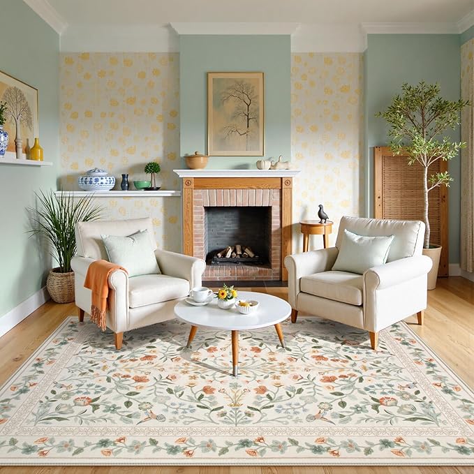 Lahome Floral Area Rug 9x12, Non-Slip Untra-Thin Washable Living Room Rugs, Vintage Botanical Print Low-Pile Soft Botanical Rug for Bedroom Dining Room Office, Beige