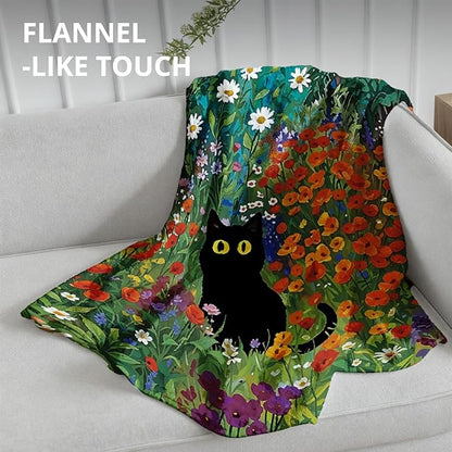 Black Cat Floral Blanket, Cottagecore Colorful Wildflower Cats Throw Blankets for Home Bedroom Living Room Couch Bed Decor, Black Cat Mom Lovers Gifts for Women, 50x60 Inch