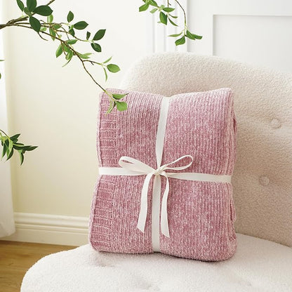 BATTILO HOME Chenille Throw Blanket for Couch, Pink Blanket Throw Chenille Knitted Blankets for Home Decor, Super Soft Blush Pink Throws for Bed Sofa Living Room, 51"x67"