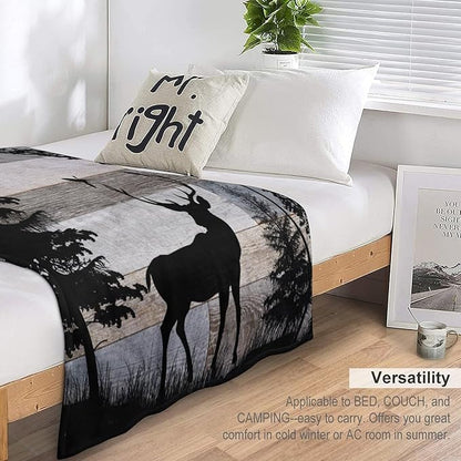 Rustic Deer Throw Blanket, Retro Cabin Farmhouse Country Lodge Blue Brown Wooden Board Wild Forest Animals Deer Bird Print Warm Cozy Blanket for Bed Couch Sofa Travel, 50"x60"