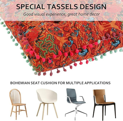 Bohemian Seat Cushion，Indoor & Outdoor 16.5" x 16.5" Seating Cushion for Dinning Chairs, Decorative with Tassels(2Pcs, Orange)