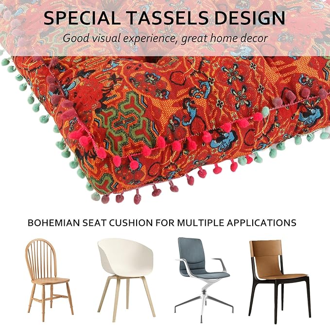 Bohemian Seat Cushion，Indoor & Outdoor 16.5" x 16.5" Seating Cushion for Dinning Chairs, Decorative with Tassels(4Pcs, Orange)