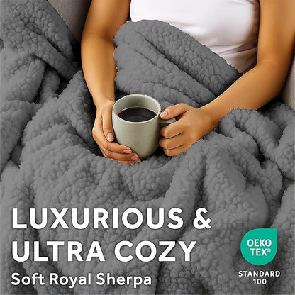 Sunbeam Royal Sherpa Foot Pocket Heated Throw Electric Blanket, 50" x 60", 4 Heat Settings, 4-Hour Auto Shut-Off, Warming Throw for Couch or Bed, Fast Heating, Machine Washable, Grey