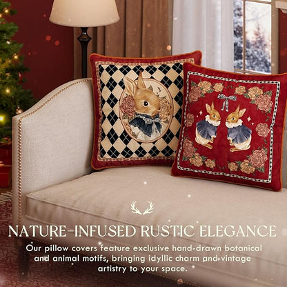 Grandmillennial Bunny Floral Pillow Cover, Velvet Euro Sham Covers Decorative Throw Pillow Covers 18x18 for Couch Sofa Bed Living Room, Christmas & Holiday, Red