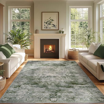 jinchan Washable Area Rug 8x10 for Living Room - Soft Faux Wool Ultra-Thin Stain Resistant Non-Slip Distressed Vintage Floral Large Christmas Carpet for Bedroom Home Office, Nursery(Green, 8'x10')