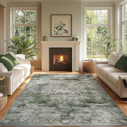 jinchan Washable Area Rug 6x9 for Living Room - Soft Faux Wool Ultra-Thin Stain Resistant Non-Slip Distressed Vintage Floral Rug Large Christmas Carpet for Bedroom Home Office, Nursery(Green, 6'x9')