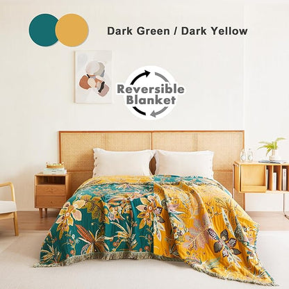 MSGKV Boho Throw Blanket for Bed Twin Size 100% Cotton Floral Blanket 60"x80" Couch Blankets Muslin Breathable All Seasons Lightweight Farmhouse Blankets Home Decor
