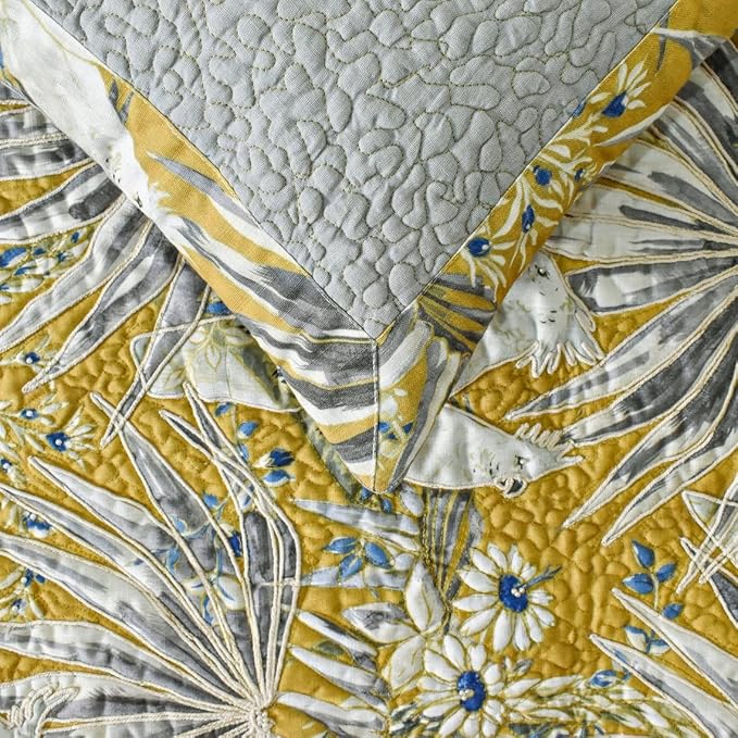 The HomeCentric King/Queen/Twin Grey & Yellow Decorative Full 68"x18" Bed Runner with Pillow Cover, Cockatoo Bird & Quilted Bed Scarf on Cotton Fabric - Cockatoo Love