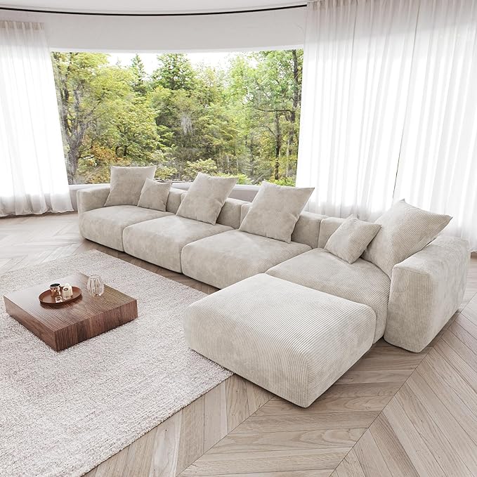 JACH 181" Oversized Modular Sectional Sofa, Deep 4-Seats Sectional Couch with Chaise Ottoman, Huge Plus Convertible Soft Sofas, Corduroy Minimalist Couches for Living Room, Office, Apartment, Beige