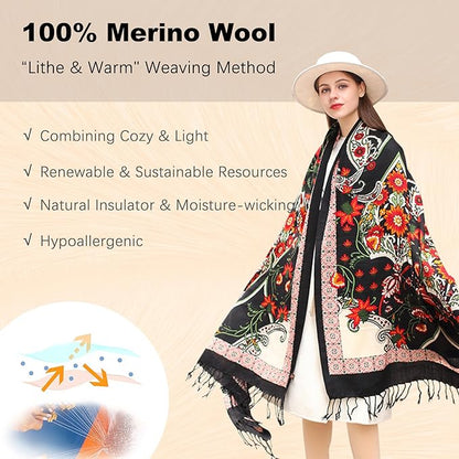 DANA XU 100% Merino Wool Pashmina Shawl for Women 96"x43", Oversized Cashmere Wrap with Tassels, Floral Travel Blanket Cape