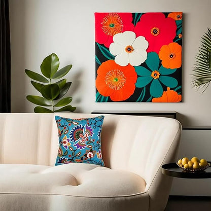 Turquoise Floral Pillow Cover Modern Flower Pillowcase Floral Hand Embroidered Outdoor Cushion Suzani Farmhouse Chair Throw Traditional Chair Cushions Wool Size 18x18