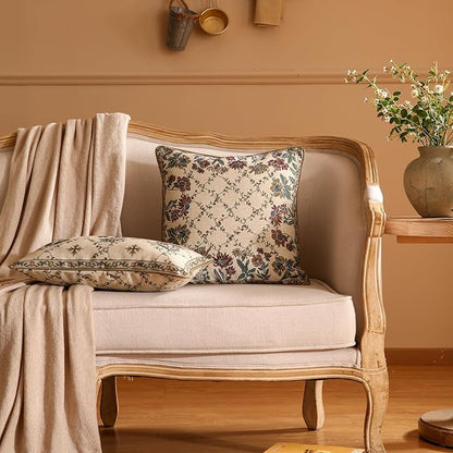 patdrea Designer Throw Pillow Covers,Square Euro Retro Style Light Brown Linen with Floral Pattern Pillow Cover,Decorative Pillowcases Cushion for Bed Living Room Outdoor Car,18"x18"