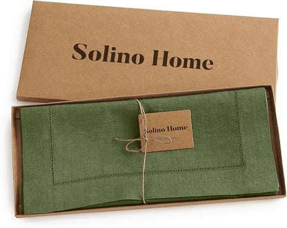 Solino Home Linen Olive Table Runner 144 Inches Long - 100% Pure Linen Extra Long Table Runner 14 x 144 Inch for Christmas, New Year - Classic Hemstitch