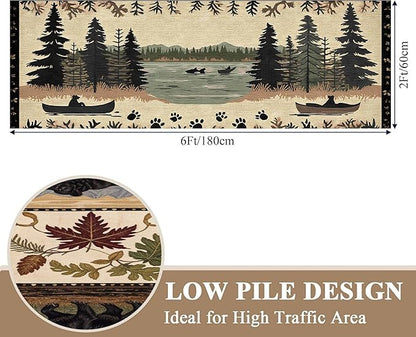 Vintage Bear Claw Fishing Boat Rug 2.6x10ft Elk Pine Forest Bohemian Carpet, Non-Slip Nursery Rug with Washable Surface, Brown Retro Floor Mat for Cabin Decor